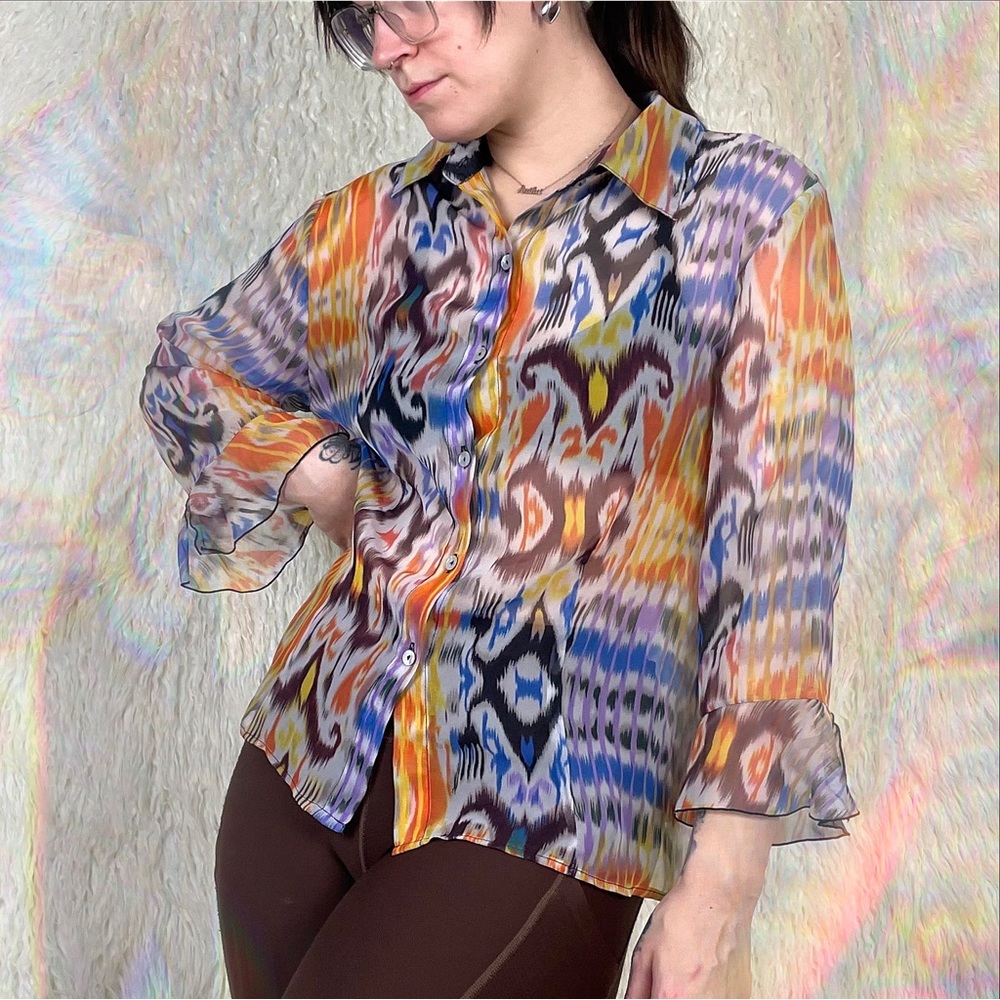 Vintage 90s Colorful Funky Abstract Sheer Blouse